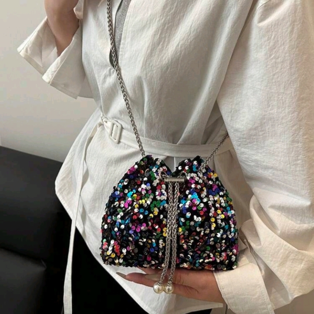 Sequin Drawstring Multicolor Bucket Bag With Chai… - image 2
